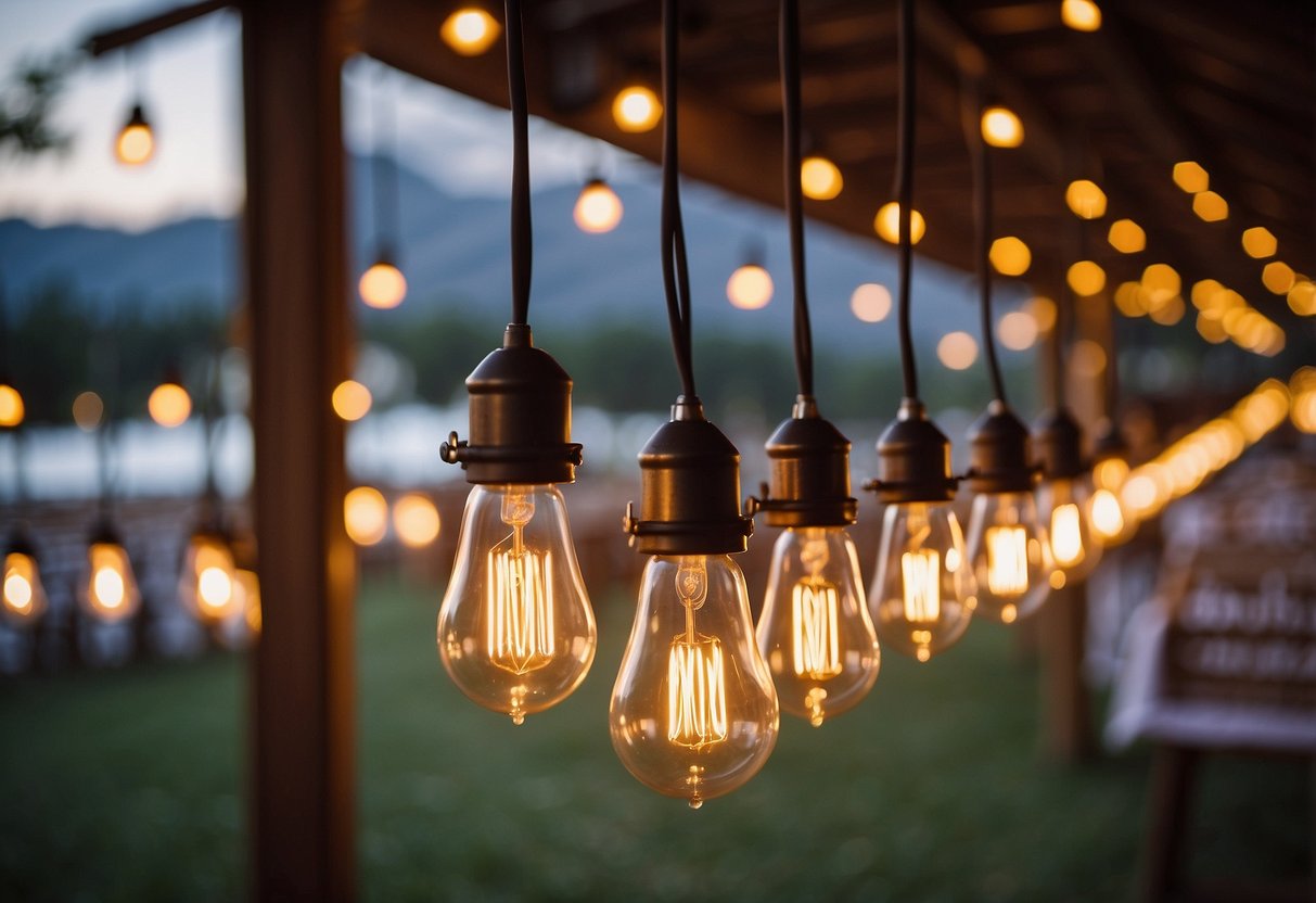 Vintage charm wedding tent adorned with Edison bulbs, casting warm, nostalgic glow. Rustic, romantic ambiance for a magical celebration