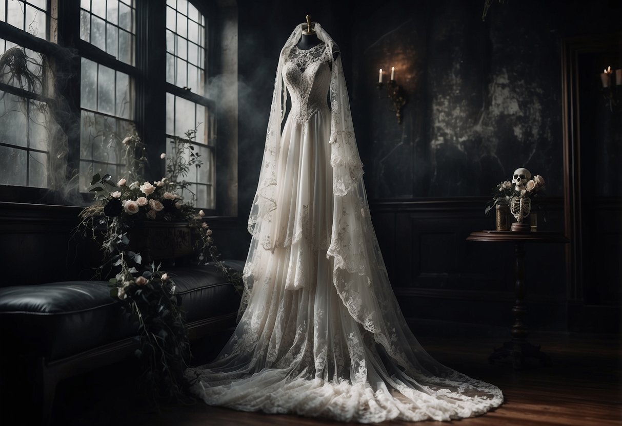 A white wedding dress draped in cobwebs, with eerie black roses and skull accents. Add a veil with spiderweb lace and a ghostly train for a haunting Halloween wedding costume