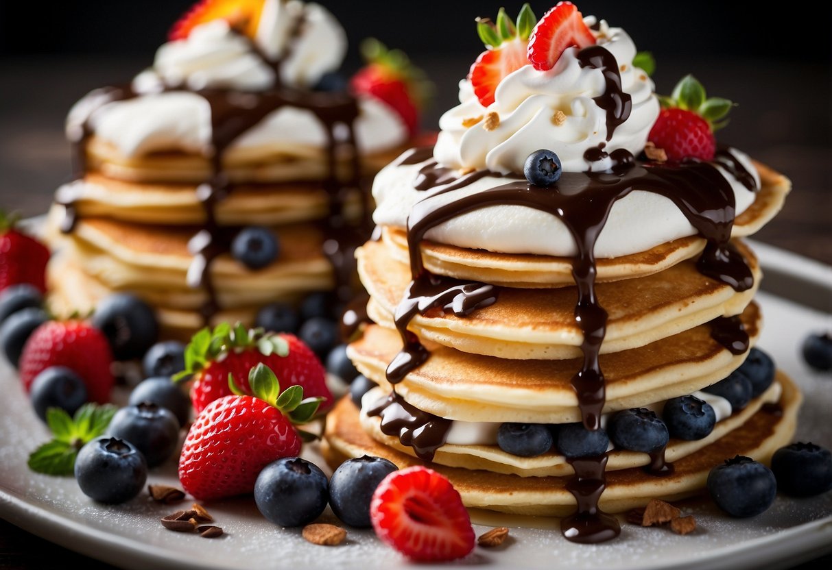 A tall stack of colorful pancakes with layers of whipped cream and fruit, adorned with decorative toppings like sprinkles and chocolate drizzle