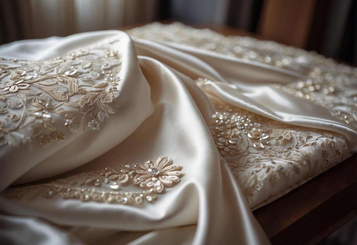 A wedding dress laid out on a table, surrounded by sewing materials and a pillow cover. The dress is carefully being cut and sewn to fit the cover, creating a beautiful keepsake