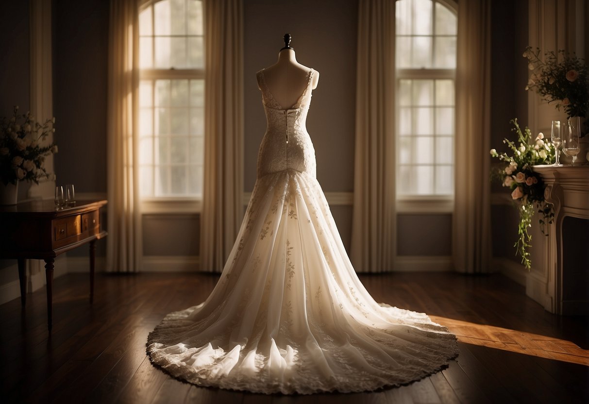 A wedding dress hangs elegantly on a wall, surrounded by soft lighting and romantic decor, creating a beautiful and intimate atmosphere