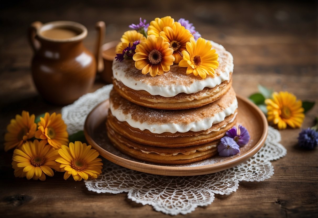 A three-tiered churro cake adorned with caramel drizzle, cinnamon sugar, and edible flowers. A rustic wooden cake stand sits on a lace tablecloth, surrounded by vintage dessert plates