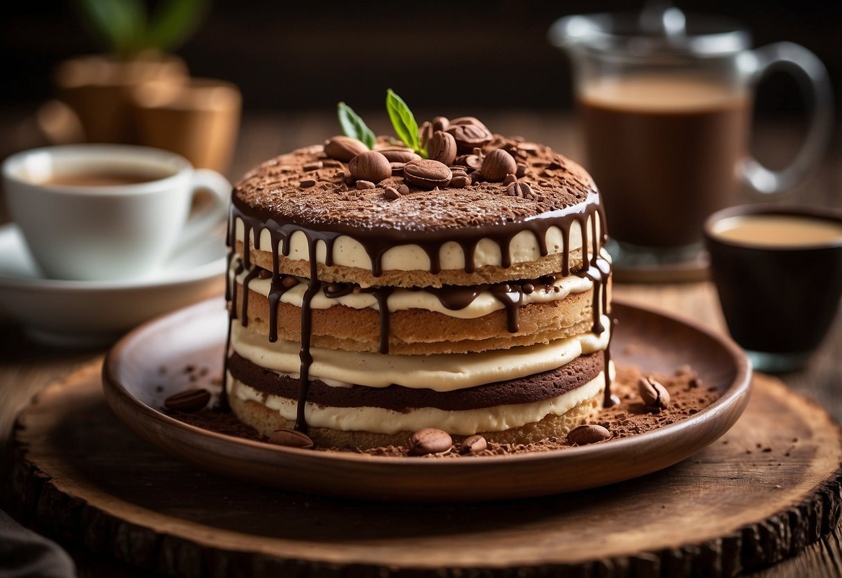 A tiered tiramisu cake with espresso drizzle, cocoa dusting, and ladyfinger accents on a rustic wooden cake stand