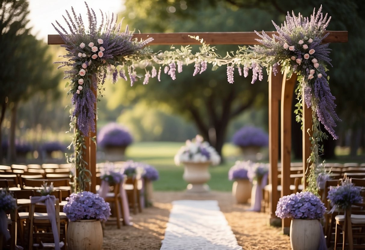 A beautiful outdoor wedding with lavender flowers adorning the aisle and hanging from a rustic arch. Tables are decorated with lavender centerpieces and delicate lace linens