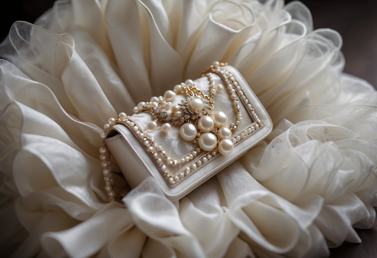 A white wedding dress transformed into a chic handbag, adorned with lace and pearls, perfect for post-wedding events