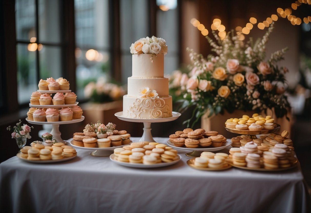 A table adorned with various unique wedding cake alternatives, such as cupcakes, macarons, and doughnut towers, surrounded by decorative floral arrangements and twinkling fairy lights