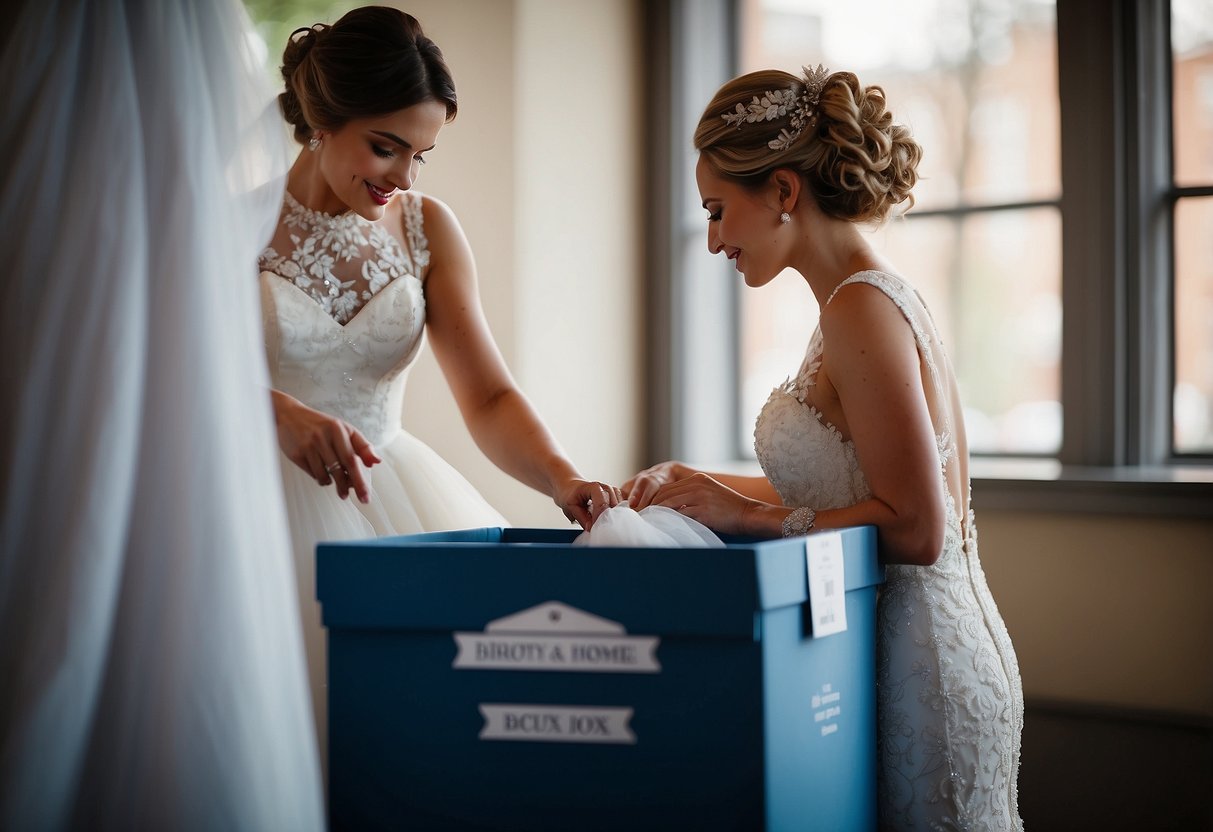 A bride placing her wedding dress in a donation box with other charitable contributions after the wedding