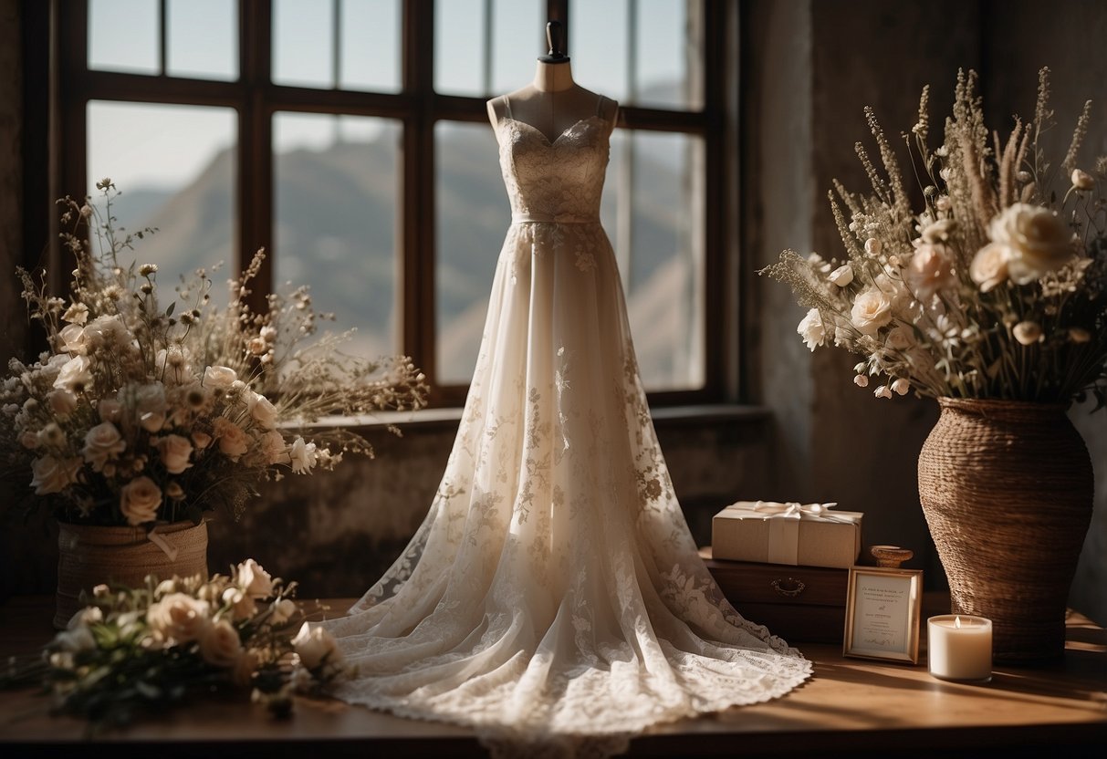 A wedding dress hangs on a decorative hanger, surrounded by dried flowers, lace, and a framed photo. A small box of fabric swatches and a handwritten note sit nearby