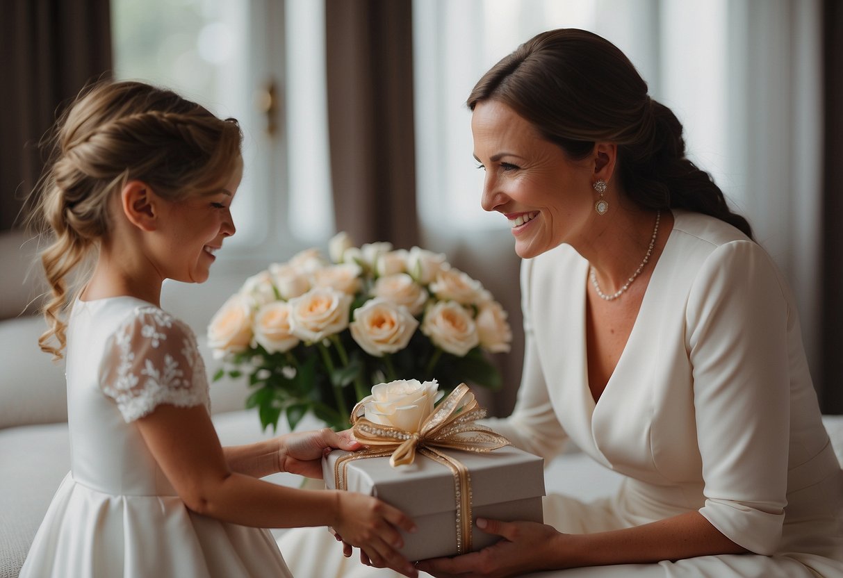 A mother lovingly presents a cherished heirloom to her daughter, the bride