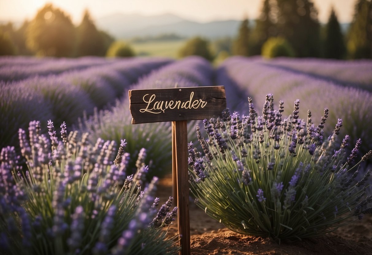 A wooden sign with "Lavender" in elegant script stands among lush lavender fields, surrounded by delicate floral arrangements and rustic decor