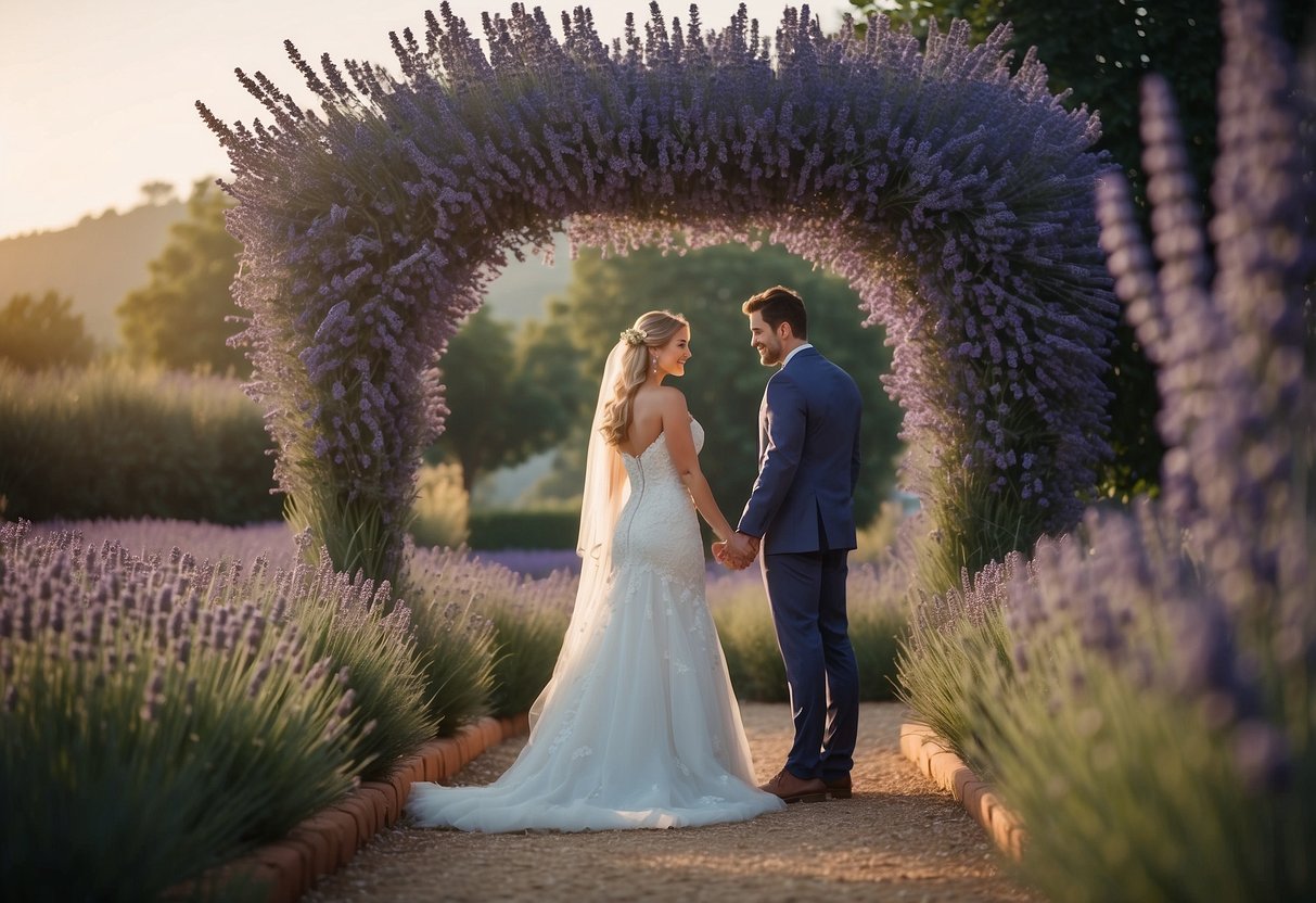 Lavender archways frame a romantic wedding setting