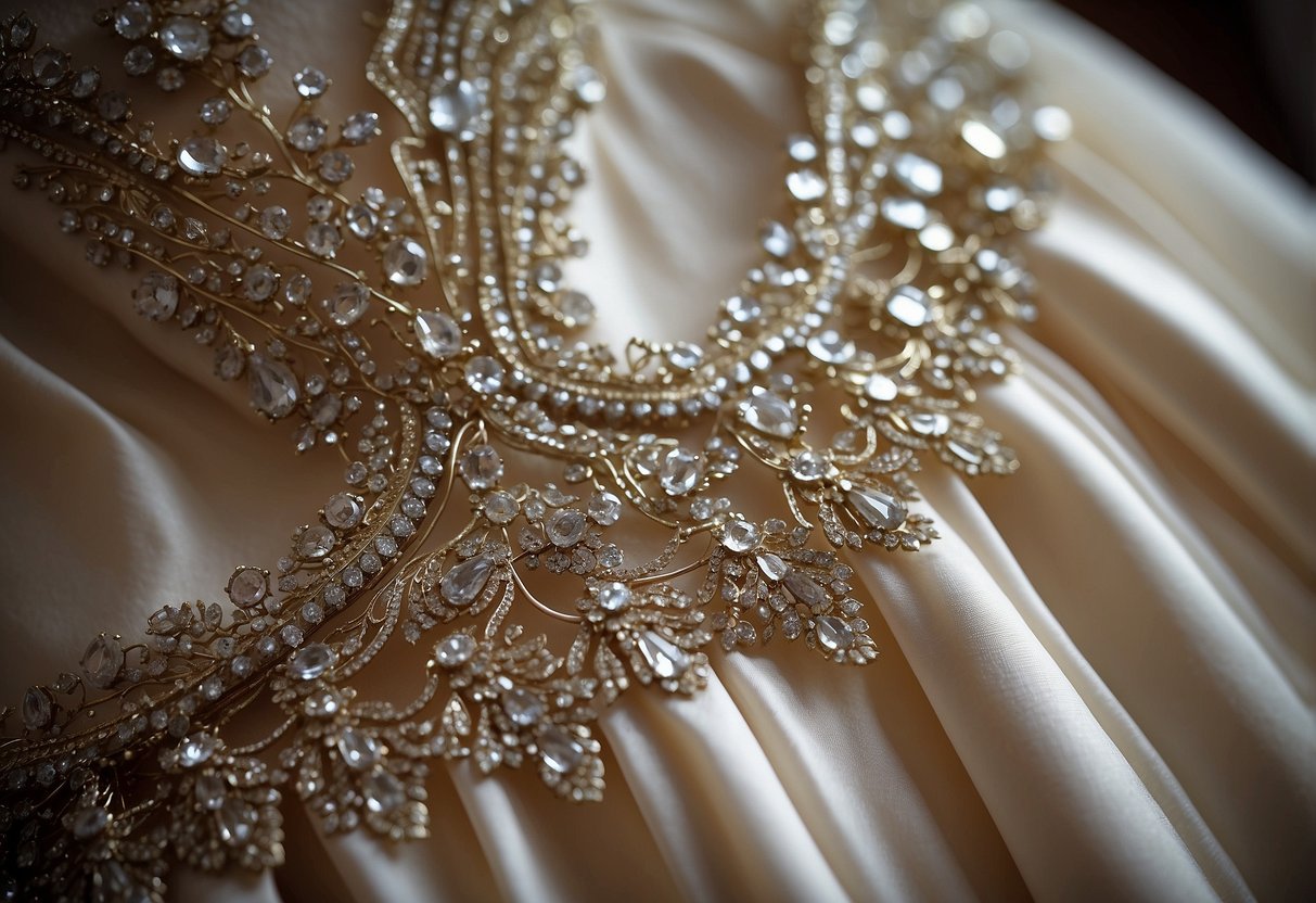 A custom dress ornament hangs delicately from a wedding gown, adorned with intricate details and shimmering embellishments