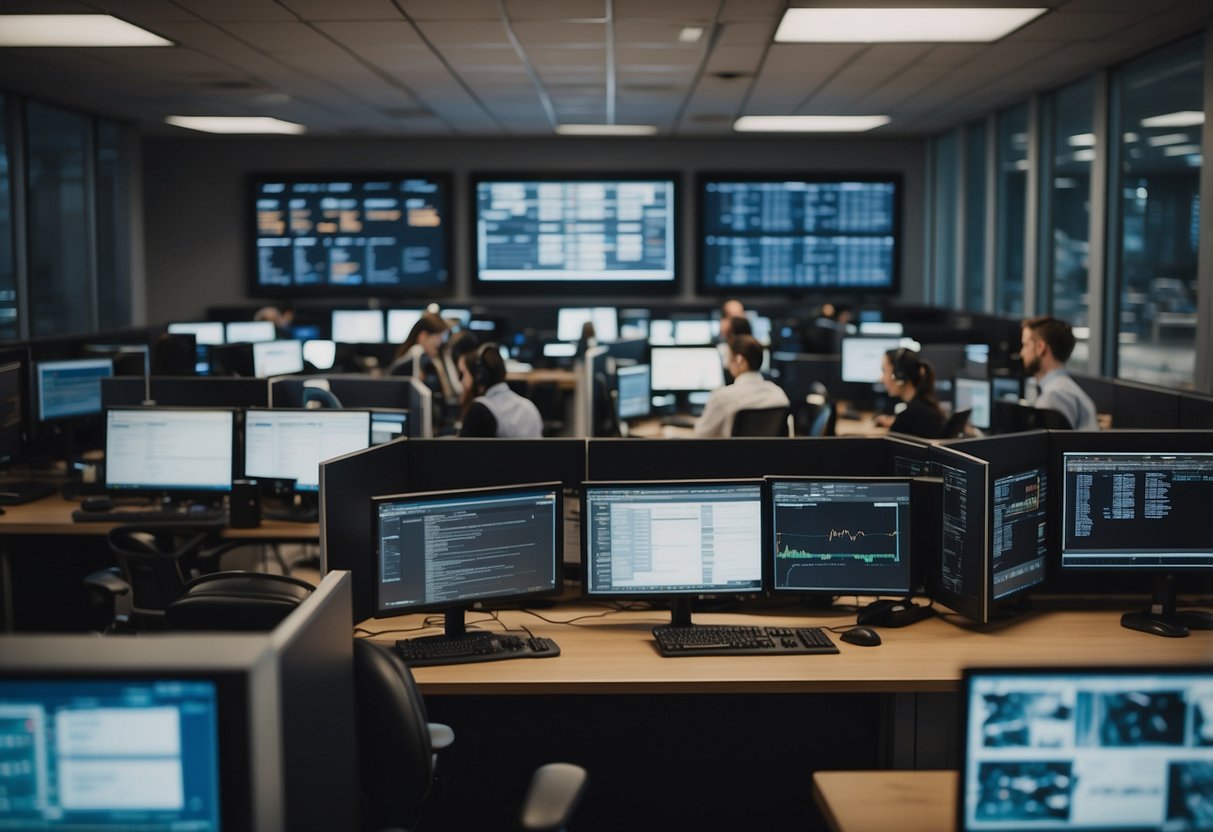 A busy call center with AI software in action, screens displaying customer information, and agents monitoring the system for efficiency and accuracy