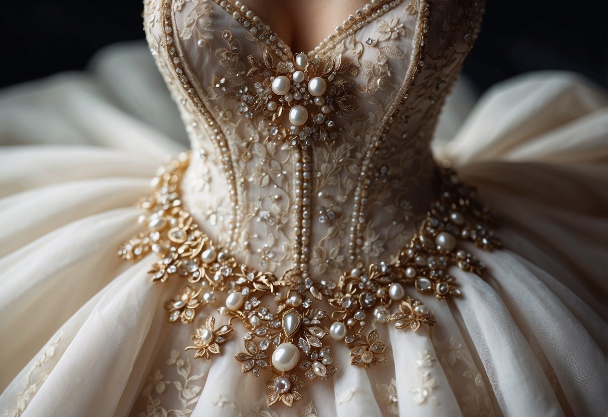 A wedding dress made of delicate lace fabric adorned with intricate jewelry, displayed as a keepsake idea