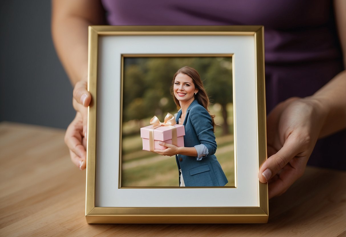 Mother presents gift to bride, framed photo in hand