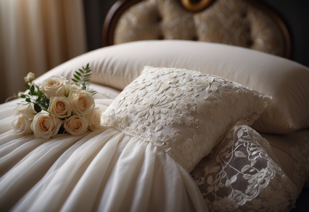 A white lace wedding dress draped over a garter pillow, surrounded by delicate floral accents and sparkling crystals