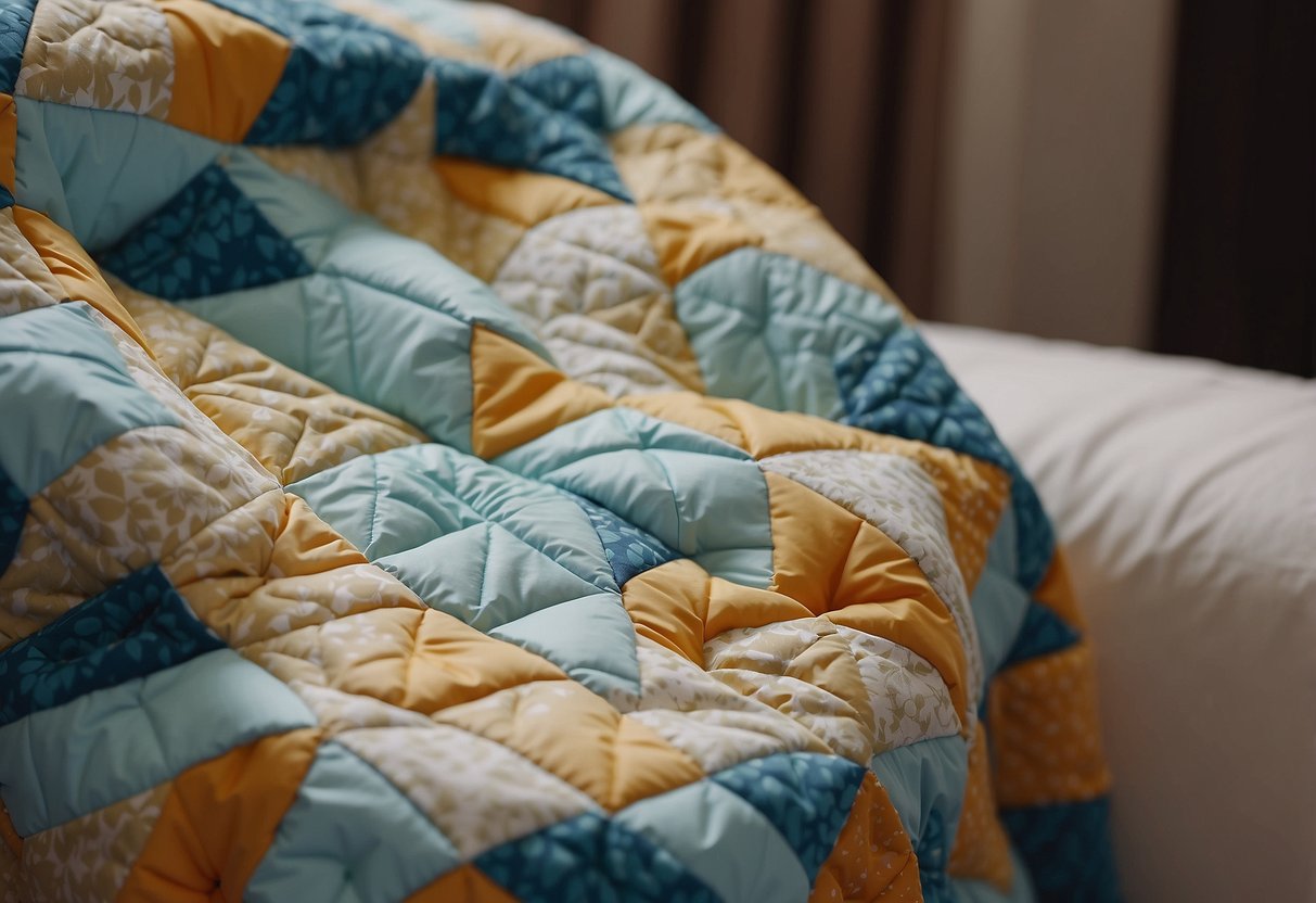 A handmade quilt or blanket is being presented as a gift from the mother to the bride