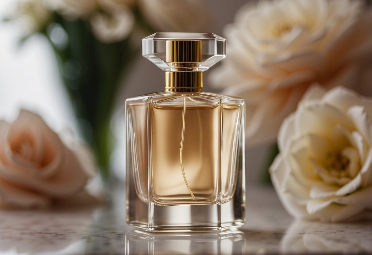 A custom perfume bottle sits on a vanity as the mother presents it to the bride