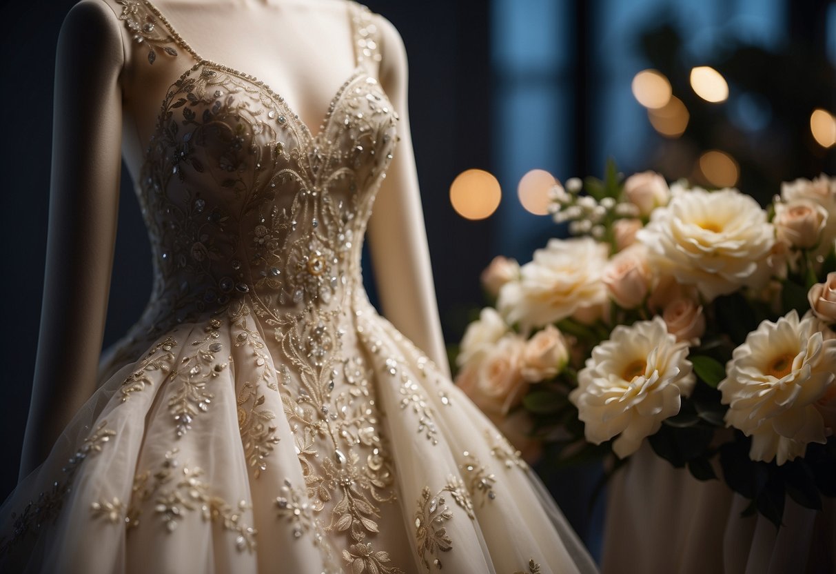 A delicate wedding dress with intricate embroidery displayed on a mannequin, surrounded by floral arrangements and soft lighting