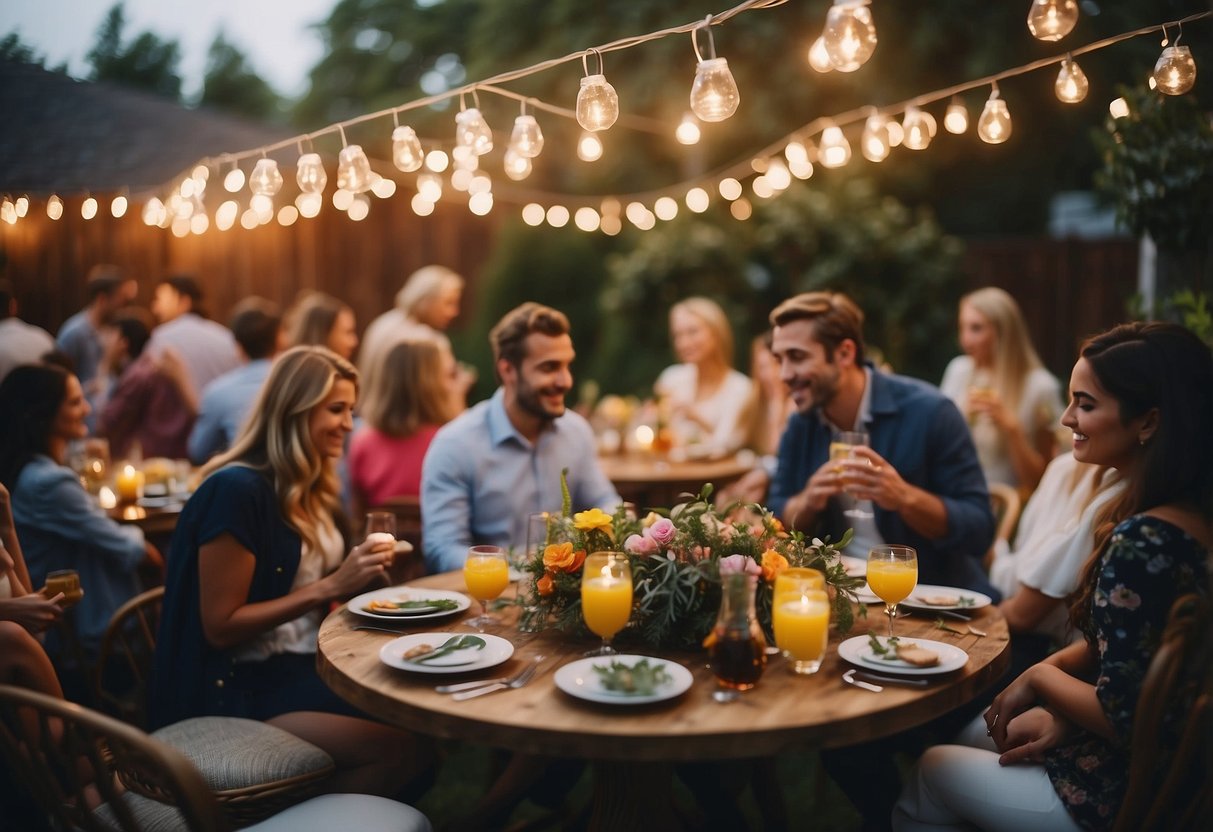 A backyard garden filled with vibrant flowers and twinkling string lights, surrounded by cheerful guests sipping on refreshing cocktails and enjoying a variety of delectable hors d'oeuvres