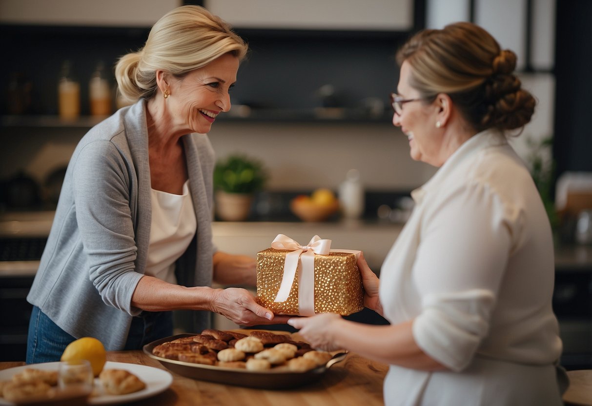 A mother presents a gift to a bride during a cooking or baking class