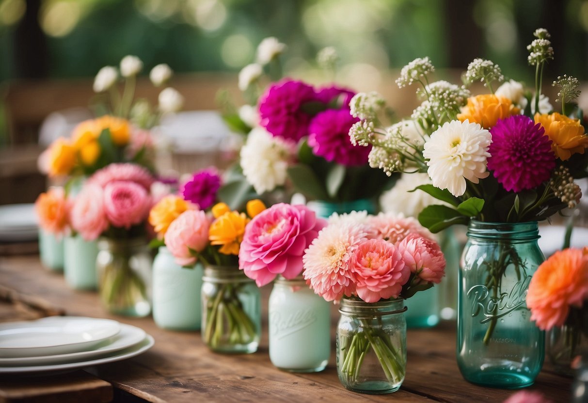 A table adorned with vibrant, fresh floral centerpieces in mason jars, surrounded by rustic decor and twinkling string lights for a summer wedding shower