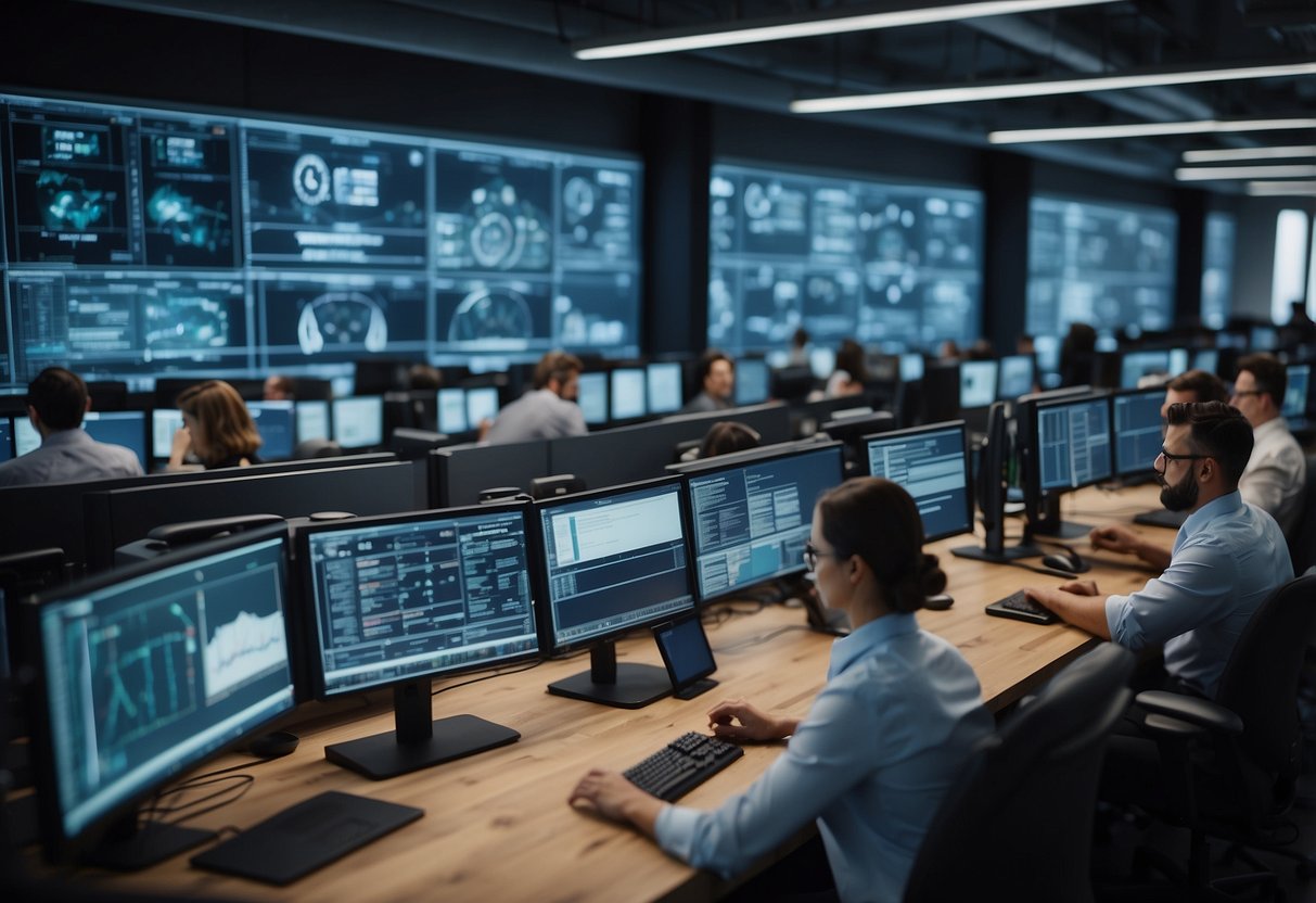 A bustling call center with AI logos on screens, workers interacting with AI software, and a sense of efficiency and modernity