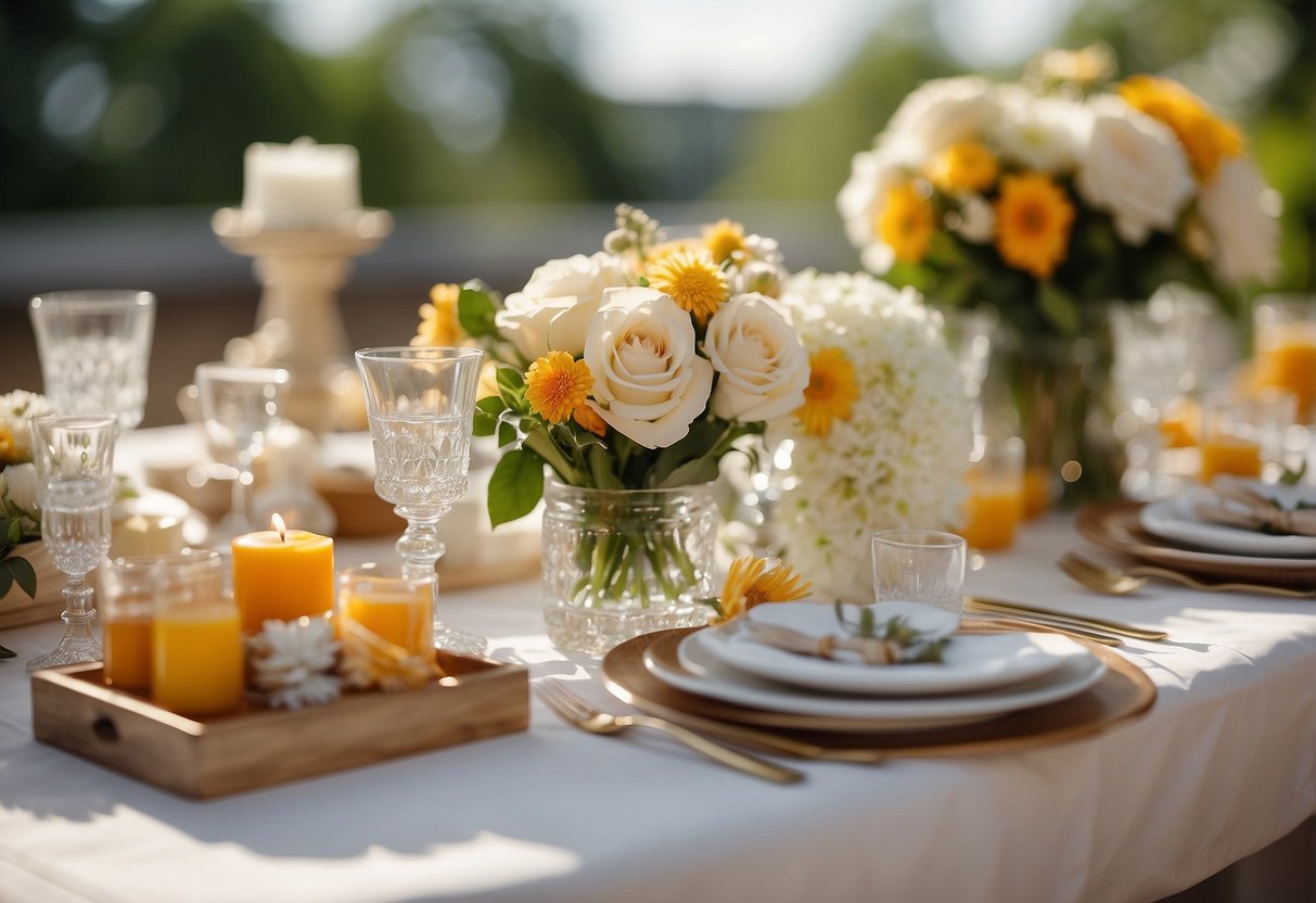 A table adorned with personalized bridal favors, surrounded by summer-themed decorations and floral arrangements for a wedding shower