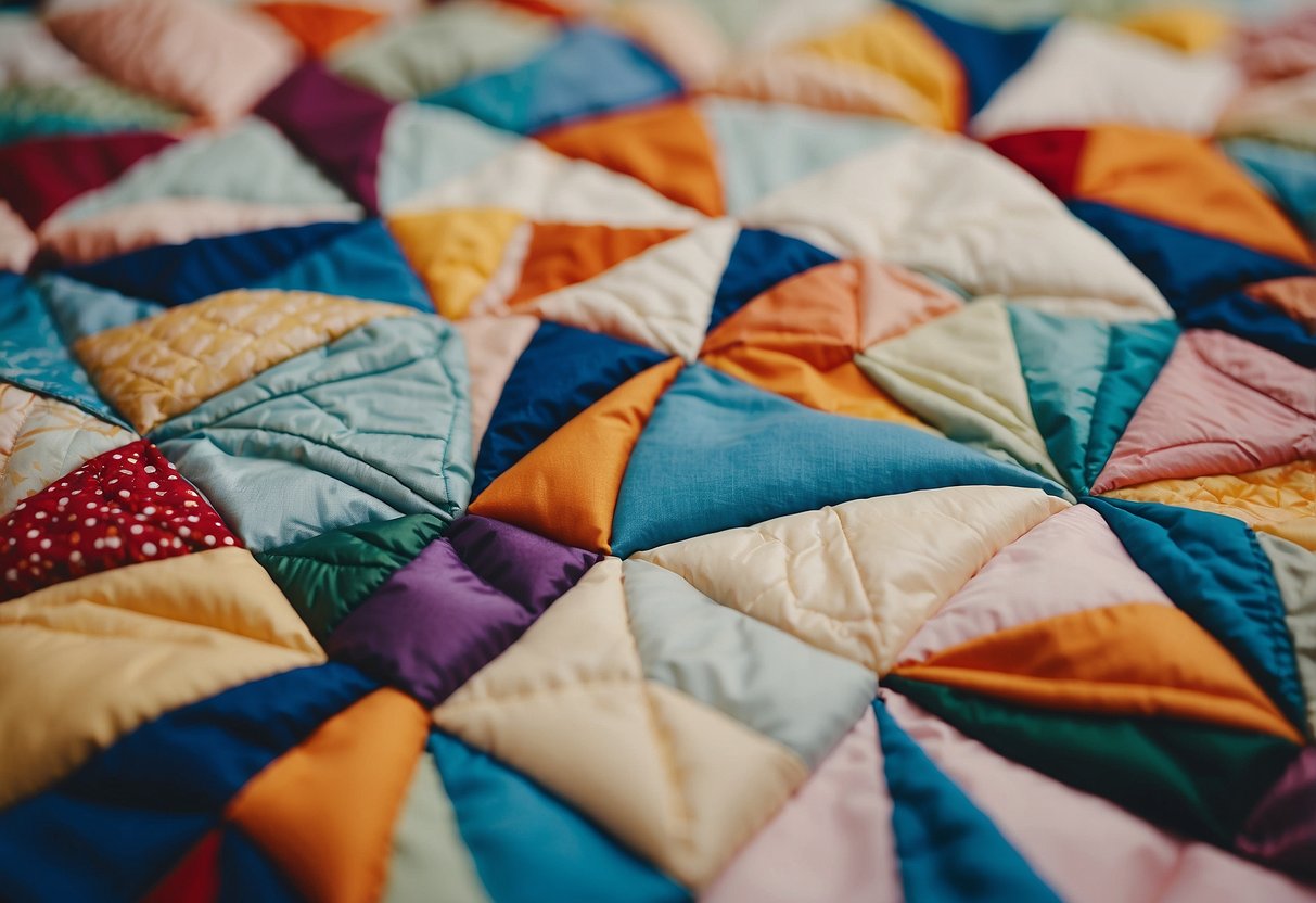 A colorful handmade quilt made from pieces of wedding dresses