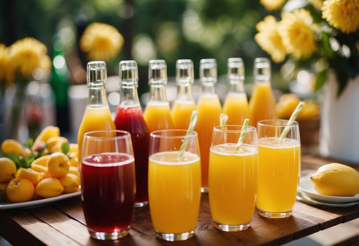 A vibrant Mimosa Bar at a summer wedding shower, with a variety of fruit juices, champagne, and fresh fruit garnishes displayed on a stylish, decorated table