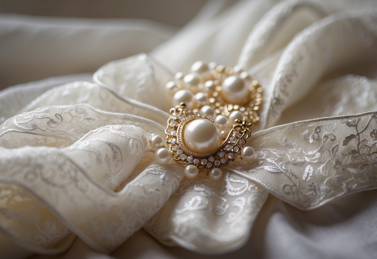 A white wedding dress fabric is used to create a Christmas stocking, adorned with lace and pearls, as a unique keepsake idea