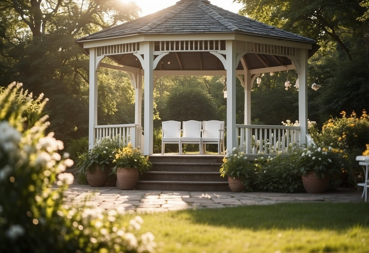 A vibrant outdoor garden venue with blooming flowers, elegant white chairs, and a charming gazebo. The sun shines down on the lush greenery, creating a picturesque setting for a summer wedding shower