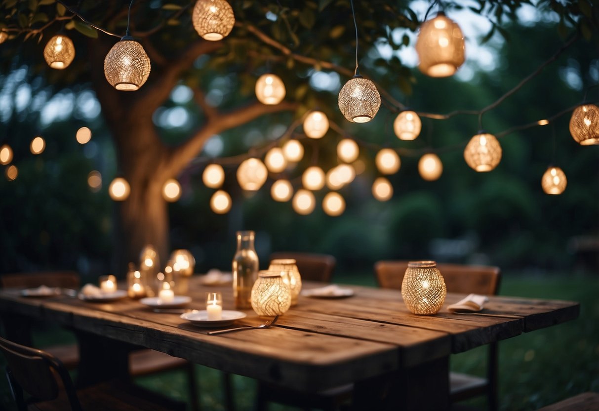 String lights crisscross above a lush garden. Lanterns hang from tree branches. Candles flicker on rustic tables. Fairy lights twinkle around the dance floor