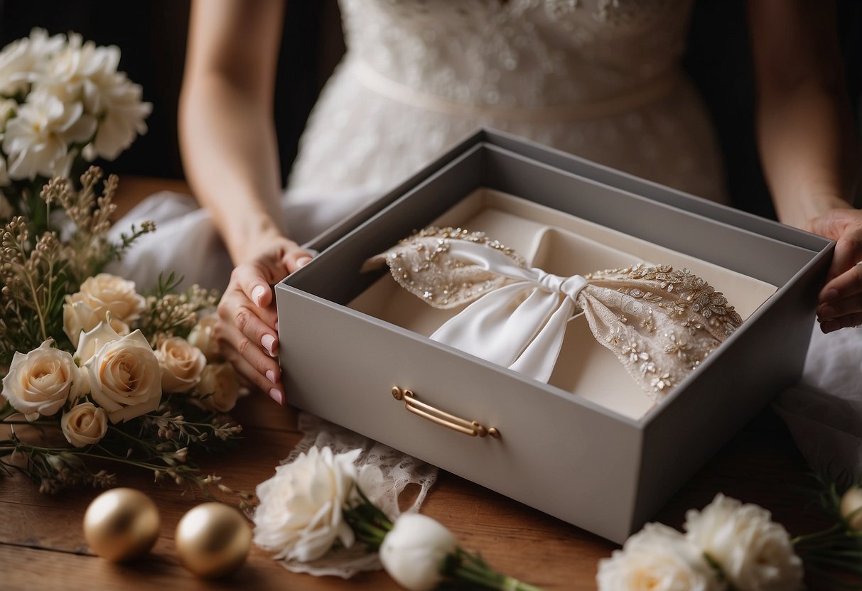 A bride carefully places her wedding dress into a decorative box, adding in dried flowers, a photo, and a handwritten note