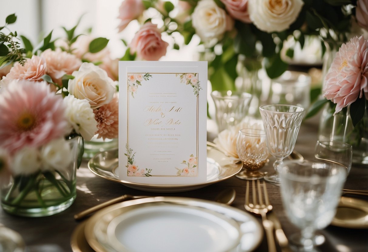 A table adorned with elegant summer wedding shower invitations by Minted, surrounded by delicate floral arrangements and sparkling glassware