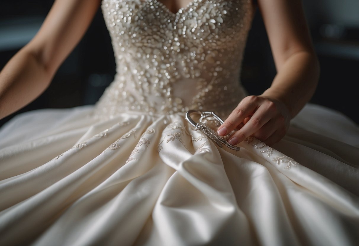 A seamstress cuts and sews wedding dress fabric into keepsakes