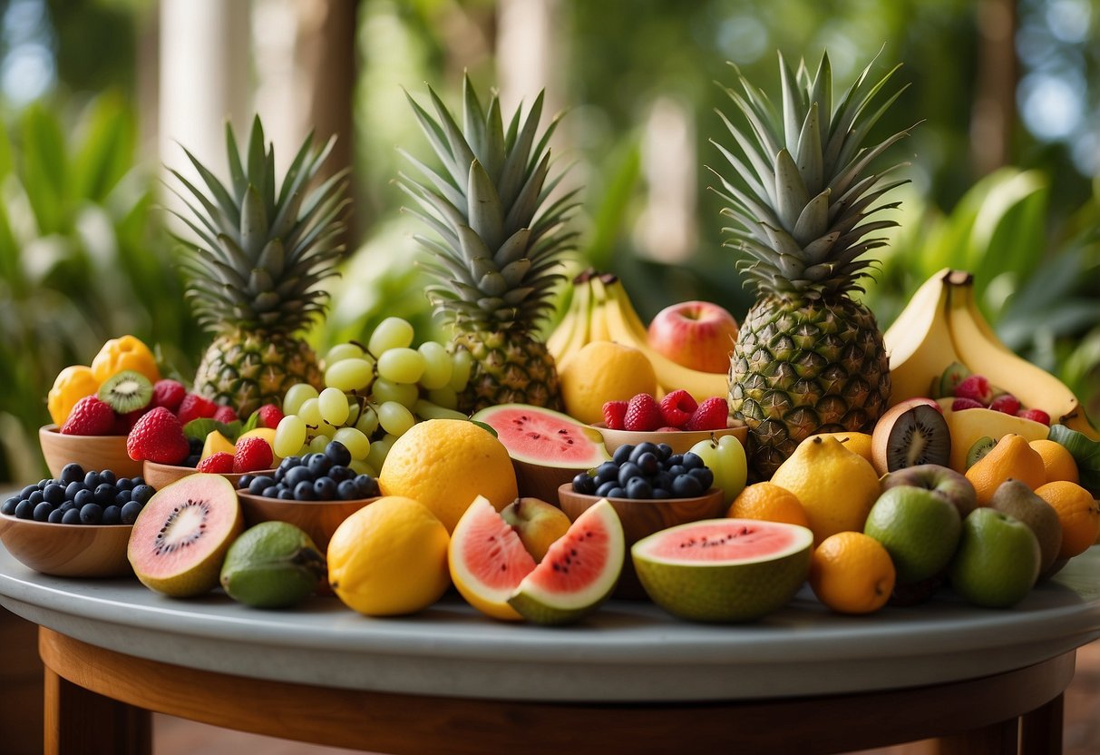 A vibrant tropical fruit salad bar set against a backdrop of lush greenery and colorful floral arrangements, with an assortment of fresh fruits displayed in decorative bowls and baskets