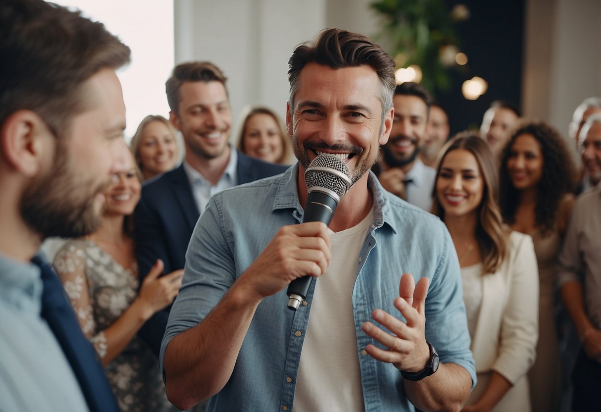 A person stands at a microphone, surrounded by a group of guests. They are smiling and gesturing as they deliver a heartfelt and humorous wedding speech