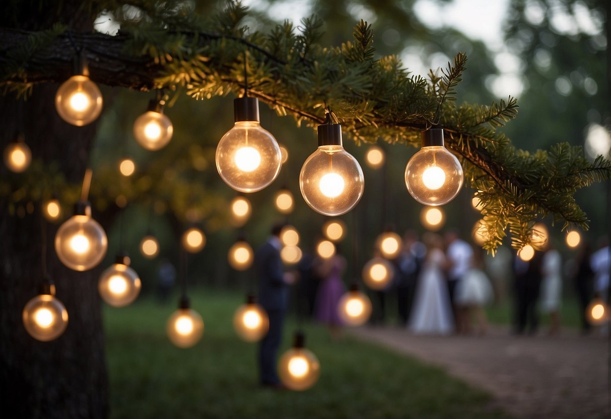 Glowing orbs suspended from trees, casting warm light over an outdoor wedding