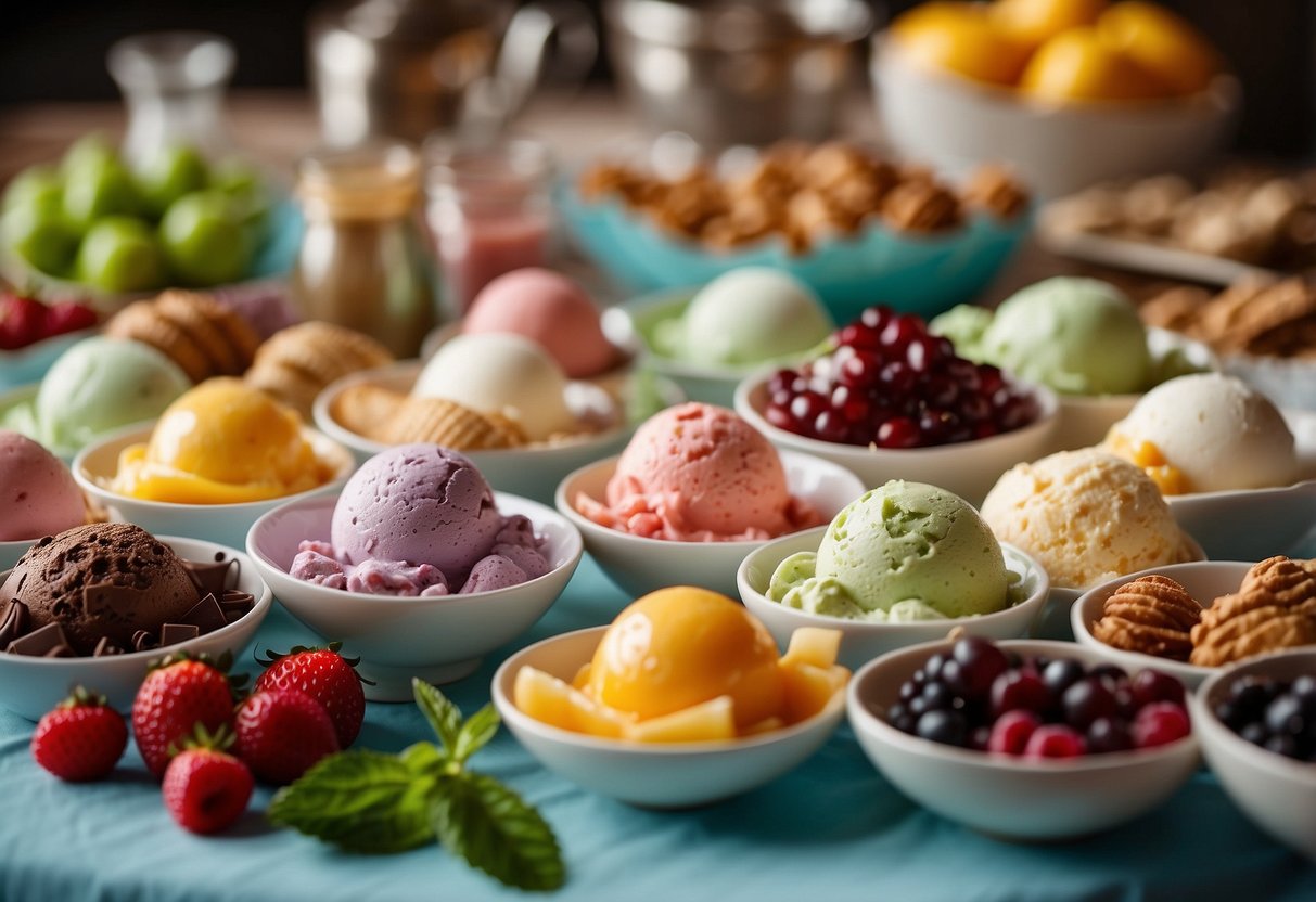 A colorful array of ice cream, toppings, and sauces arranged on a table with decorative summer wedding shower themes