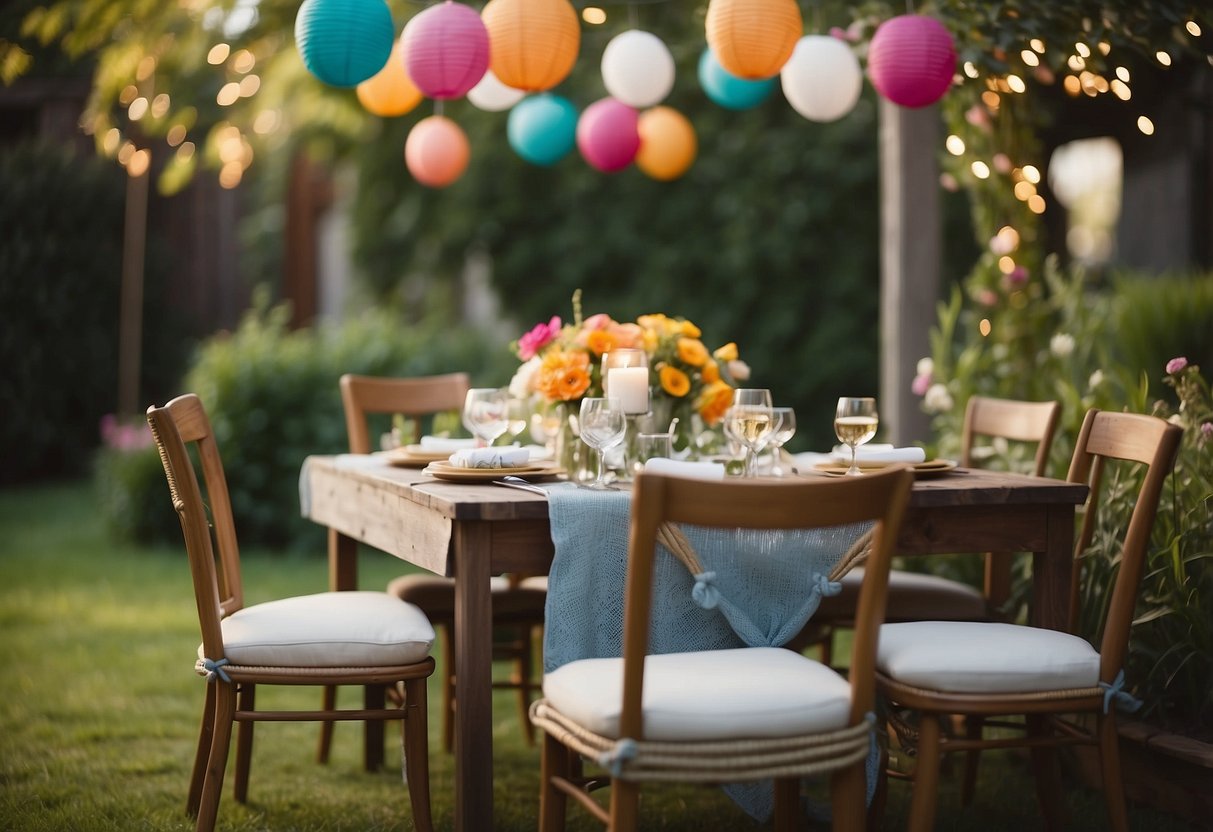 A backyard garden adorned with colorful flowers, string lights, and elegant table settings for a summer wedding shower. A canopy provides shade as guests mingle and enjoy refreshing drinks