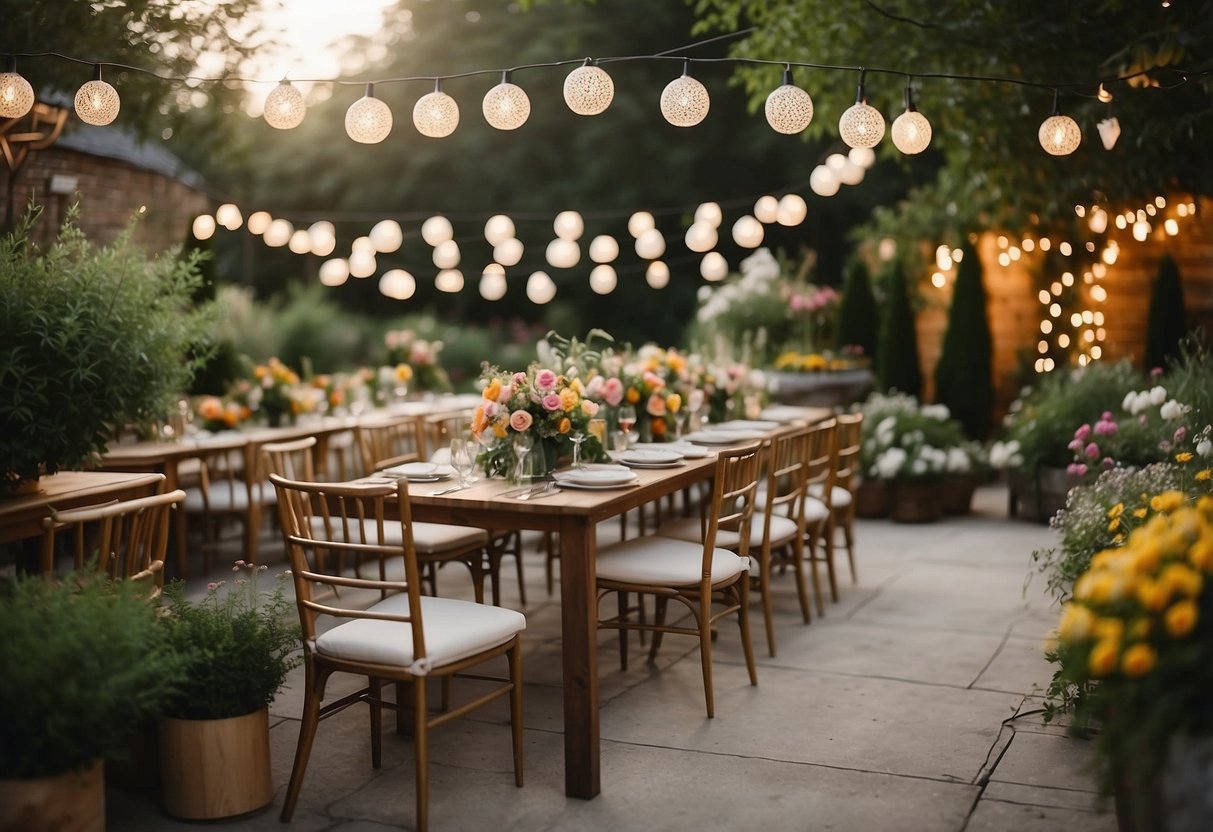 A garden adorned with colorful flowers, string lights, and elegant seating arrangements for a summer wedding shower