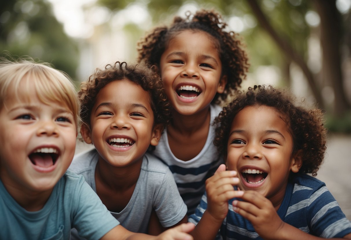 A group of children laughing and playing together, one telling a funny story while the others listen intently, their faces filled with joy and amusement