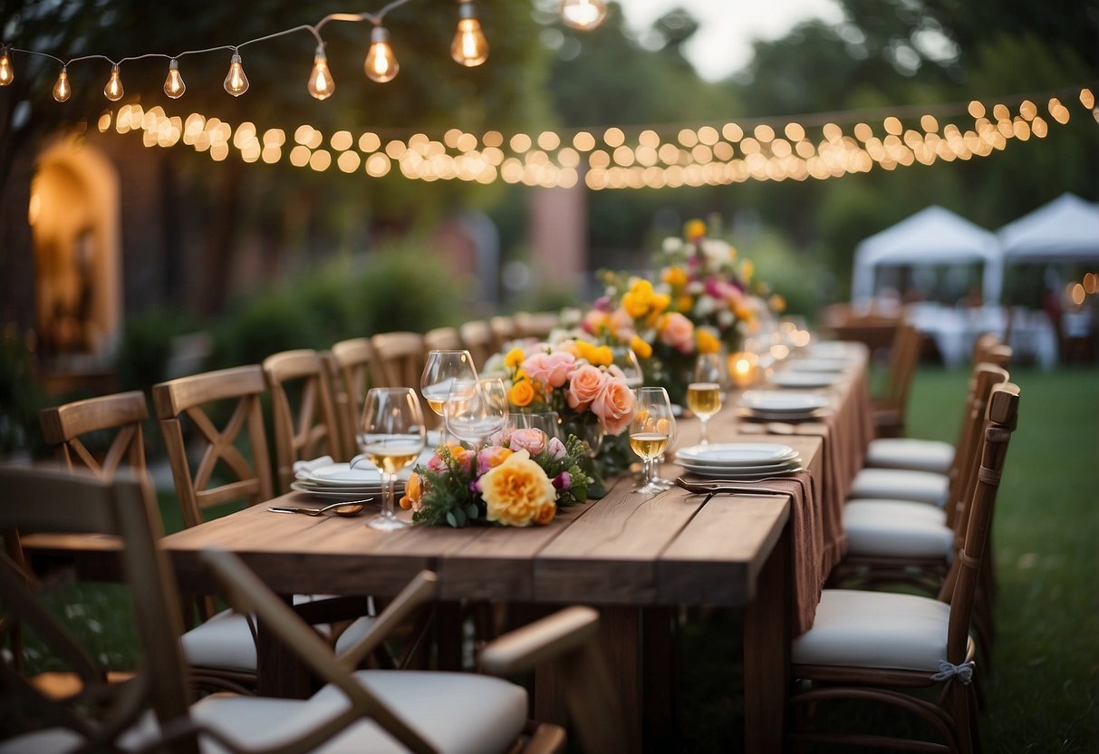 A backyard garden filled with colorful flowers and elegant table settings, with string lights hanging overhead, creating a romantic and festive atmosphere for a summer wedding shower