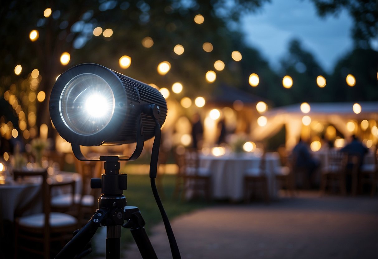 Vibrant projector light illuminates outdoor wedding setting