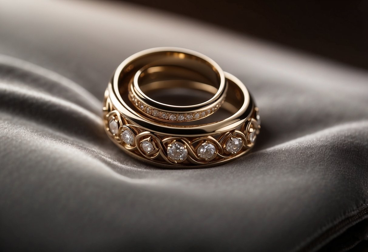 Two intertwined rings rest on a velvet pillow, bathed in soft light, symbolizing the perfect union of two souls