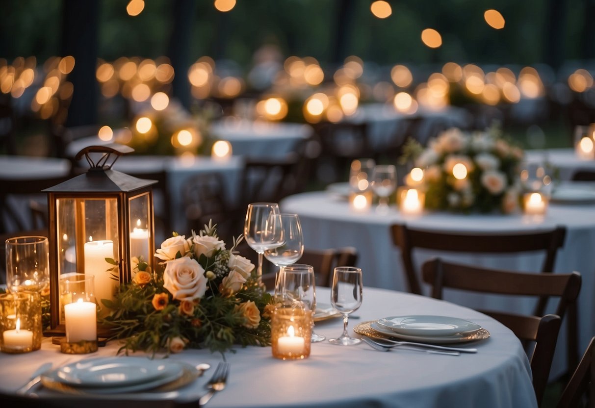 Soft, warm lights illuminate beneath outdoor wedding tables, creating a romantic and enchanting atmosphere