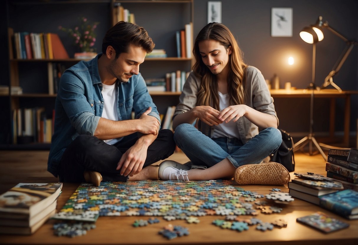 Two people sitting together, surrounded by art supplies and books on various hobbies. A puzzle half-finished on the table, a guitar leaning against the wall