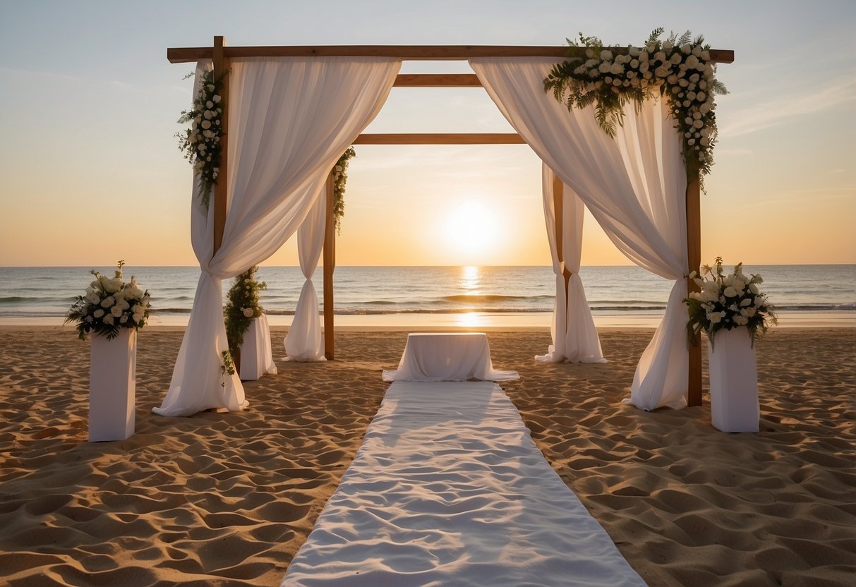 A serene beach at sunset, with a simple wooden arch and billowing white curtains, set for a private wedding ceremony with no guests