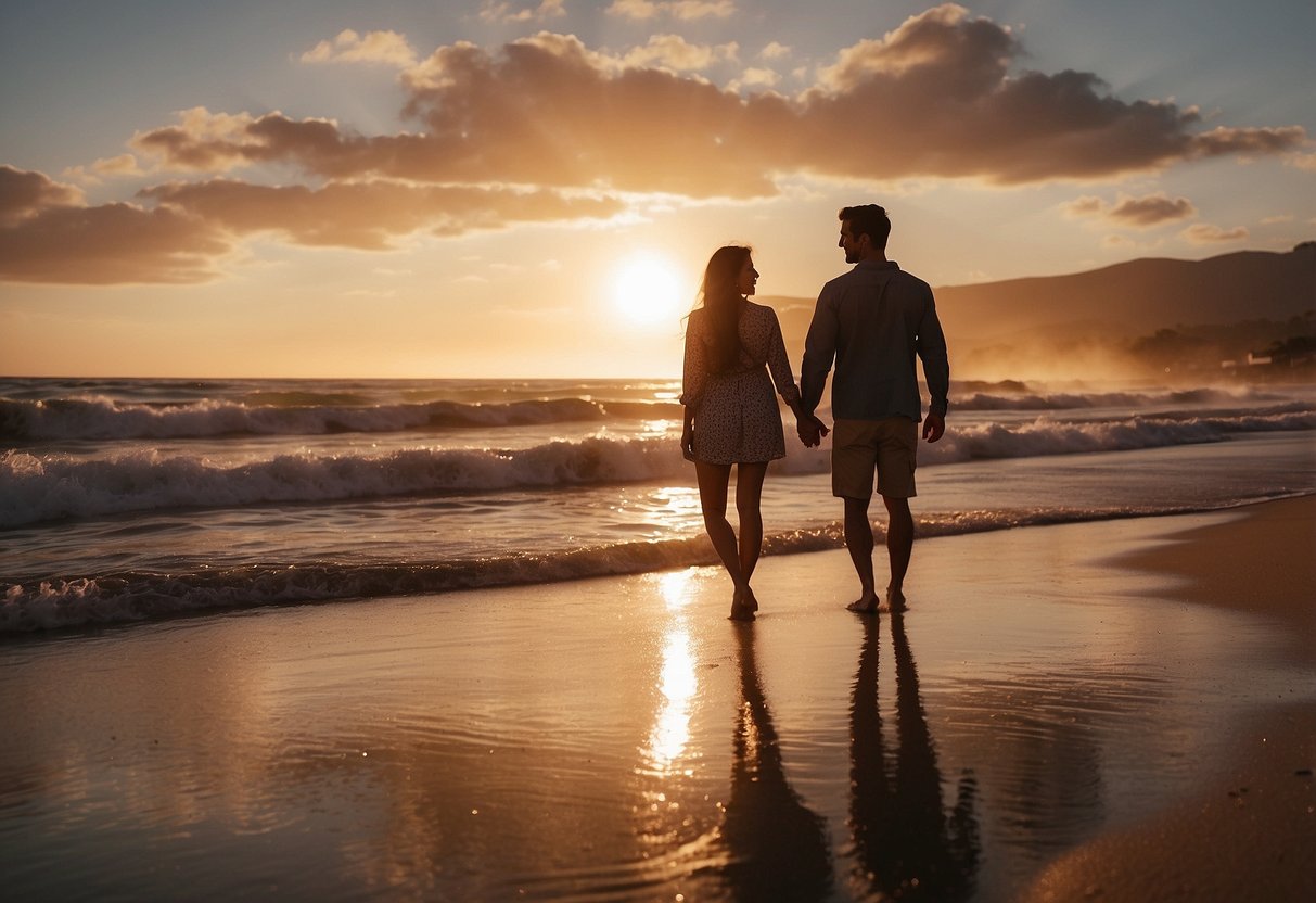 A couple stands on a sandy beach, waves crashing in the background. The sun sets, casting a warm glow over the scene